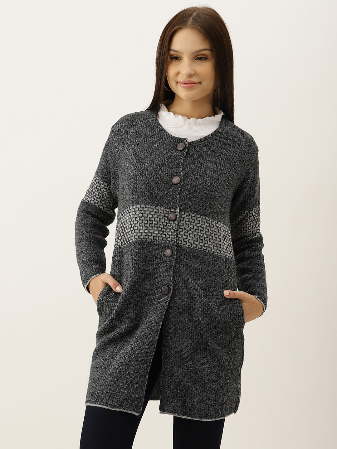 Broowl Women Charcoal Grey Woollen Self-Design Longline Cardigan.