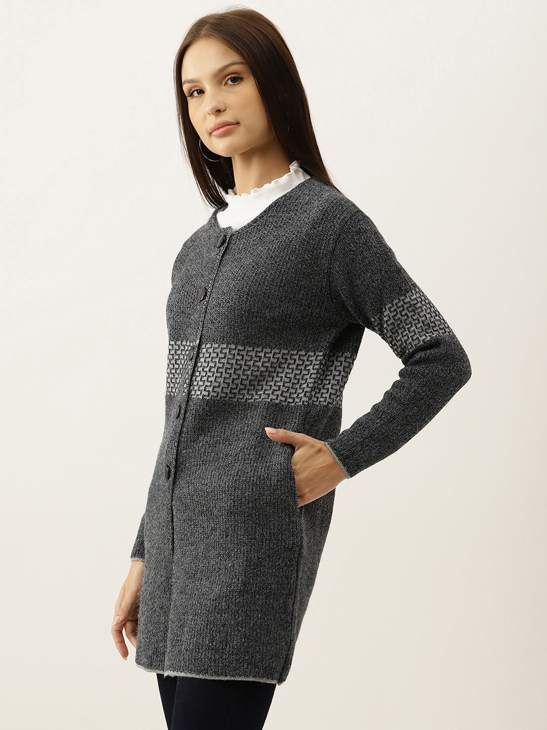 Broowl Women Charcoal Grey Woollen Self-Design Longline Cardigan.