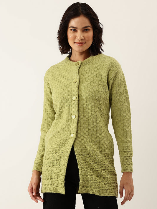 Broowl Women Green Self Design Checked Woollen Longline Cardigan