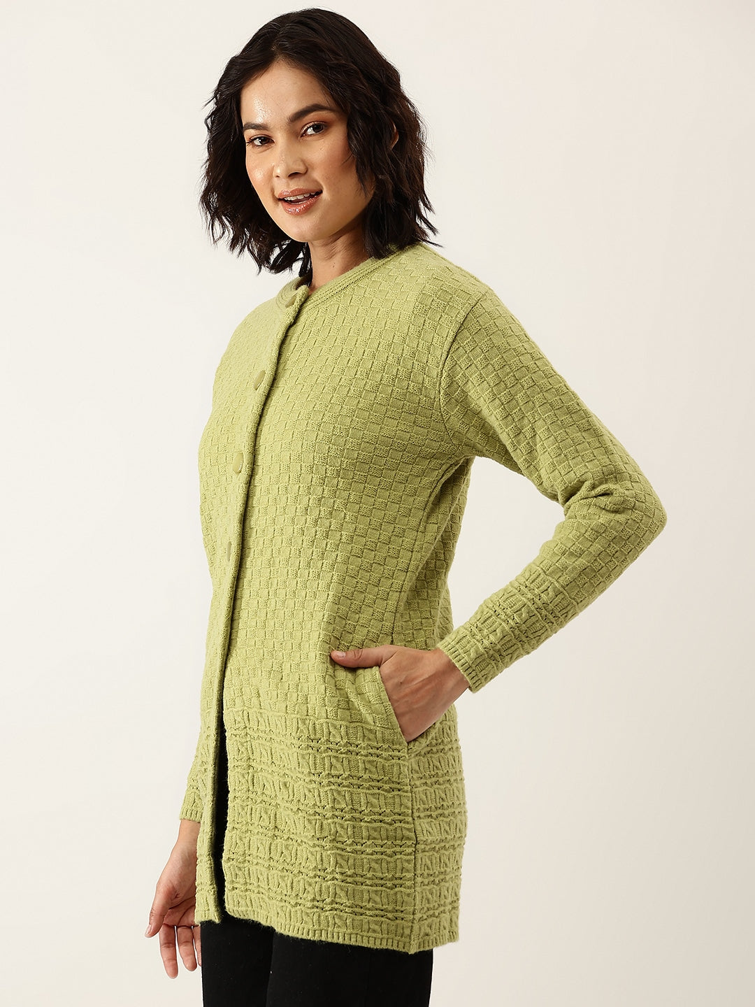 Broowl Women Green Self Design Checked Woollen Longline Cardigan