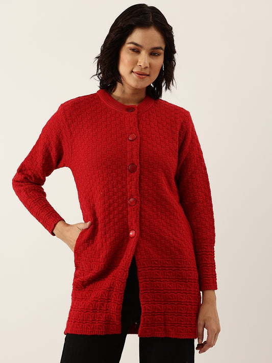 Broowl Women Red Self Design Checked Woollen Longline Cardigan.