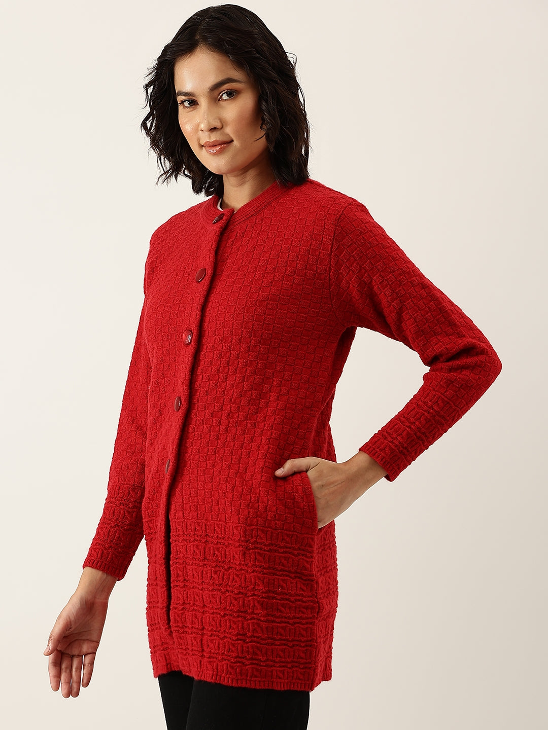 Broowl Women Red Self Design Checked Woollen Longline Cardigan.