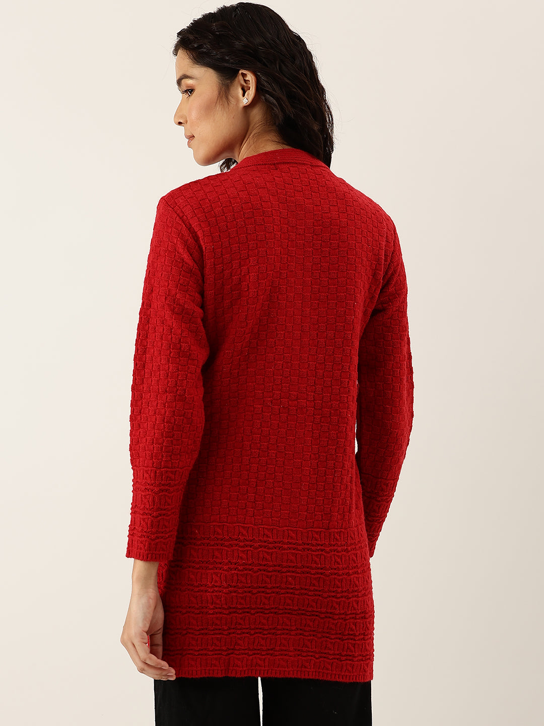 Broowl Women Red Self Design Checked Woollen Longline Cardigan.