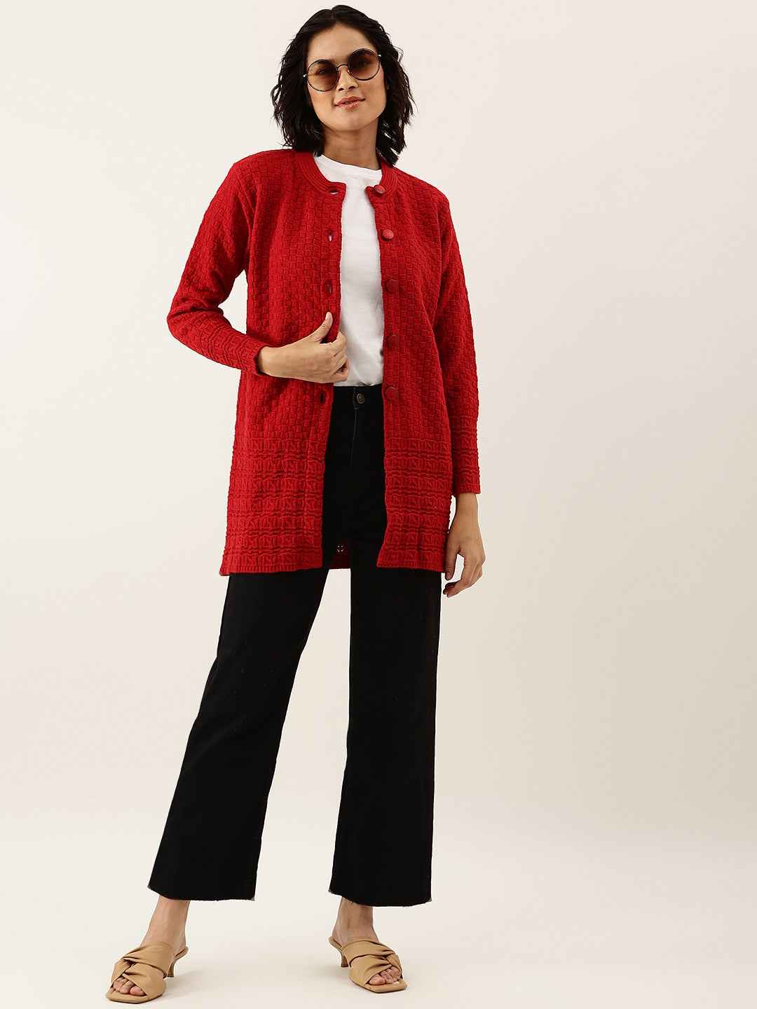 Broowl Women Red Self Design Checked Woollen Longline Cardigan.