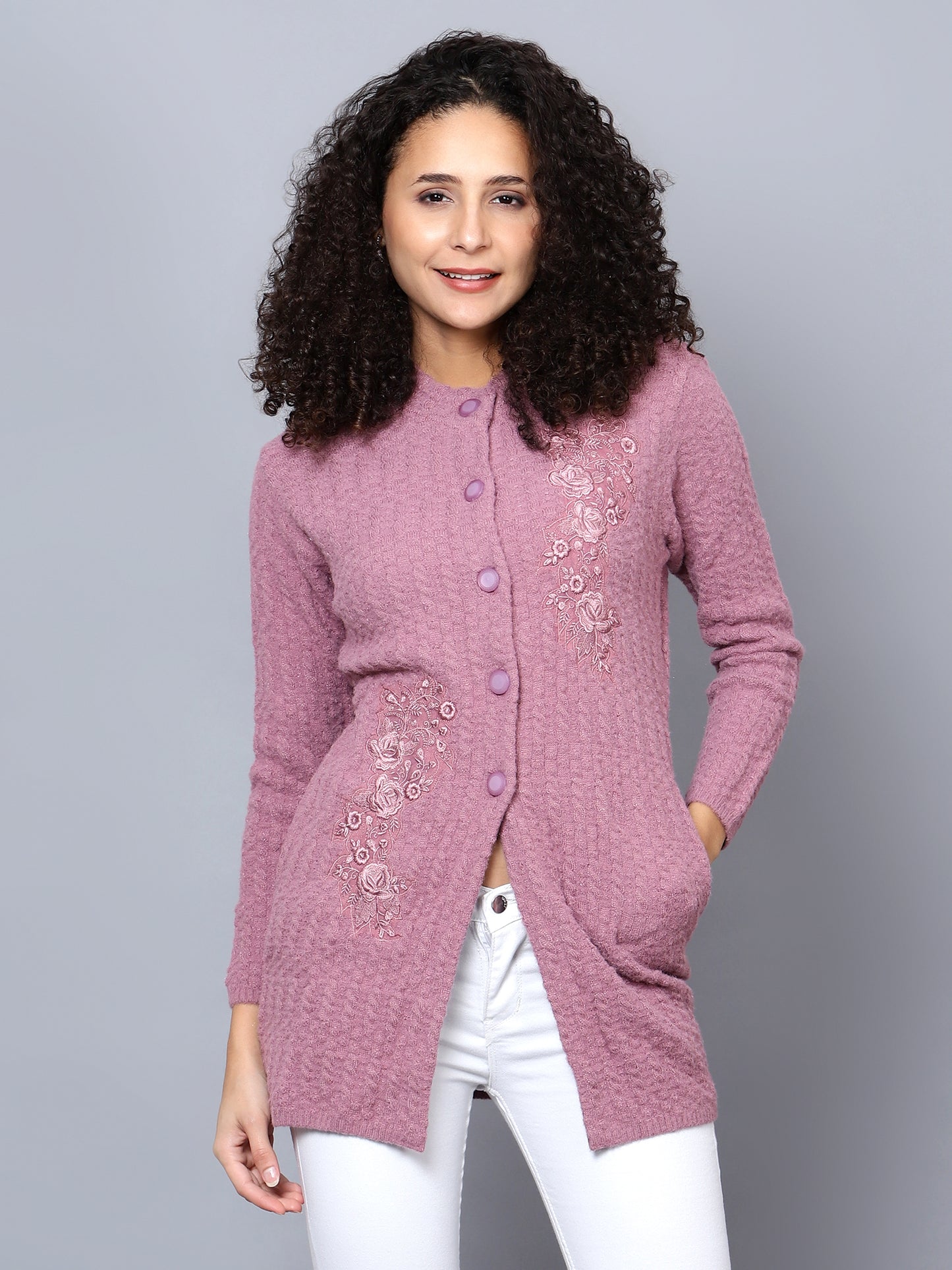 Embroidered Woollen Cardigan Purple