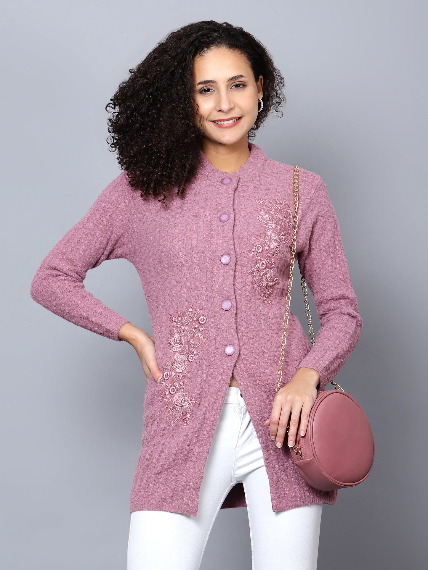 Embroidered Woollen Cardigan Purple