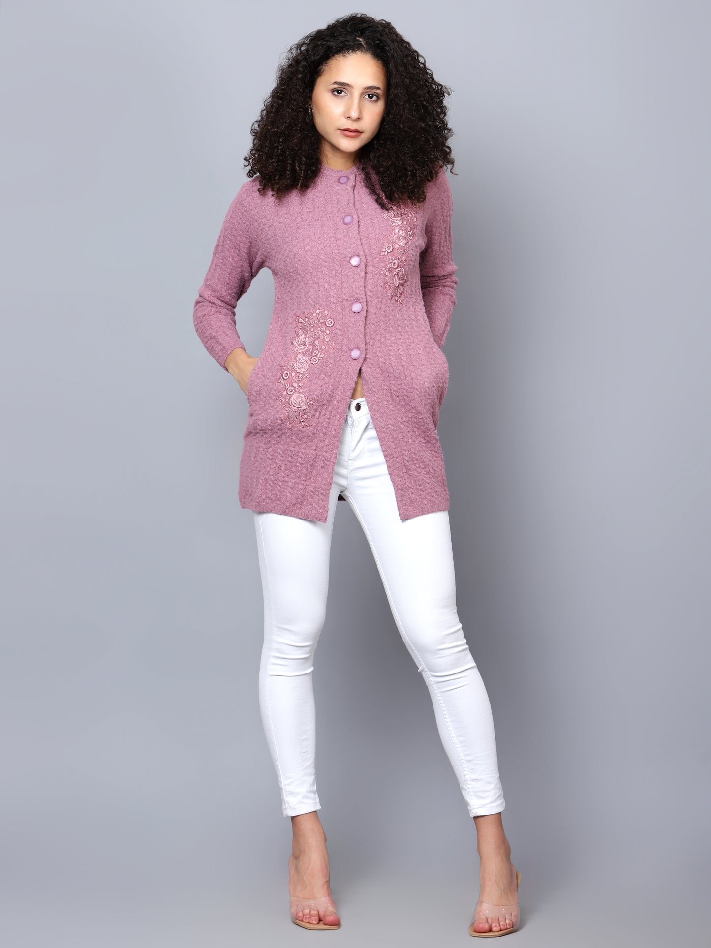 Embroidered Woollen Cardigan Purple