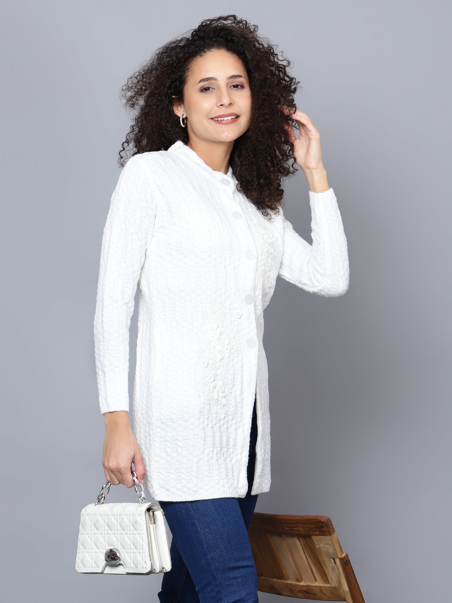 White Emboidered Woollen Cardigan