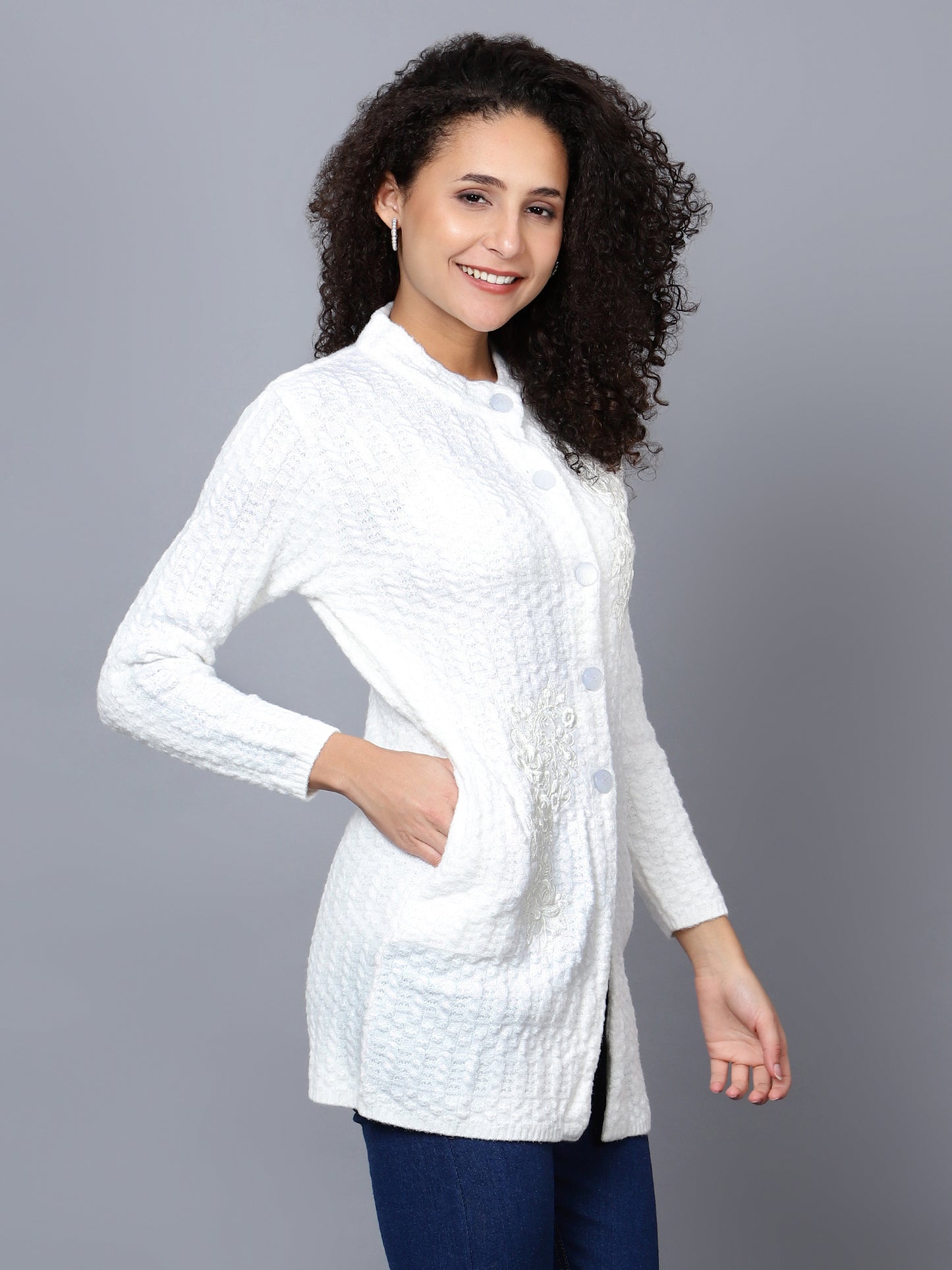 White Emboidered Woollen Cardigan