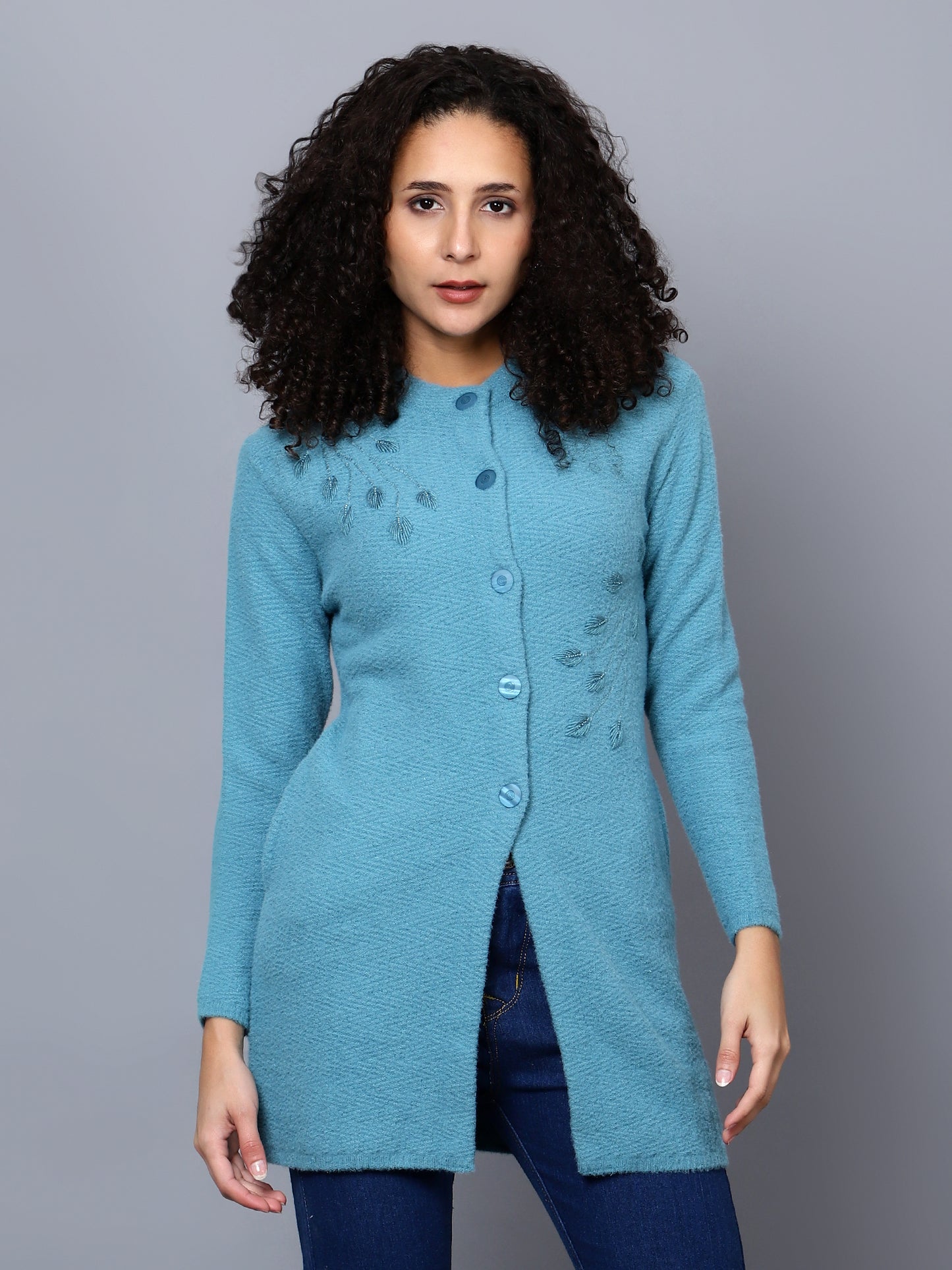 Womens Blue Embroidered Cardigan