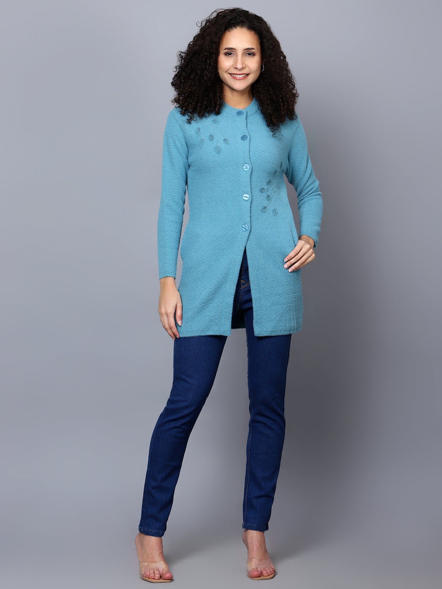 Womens Blue Embroidered Cardigan