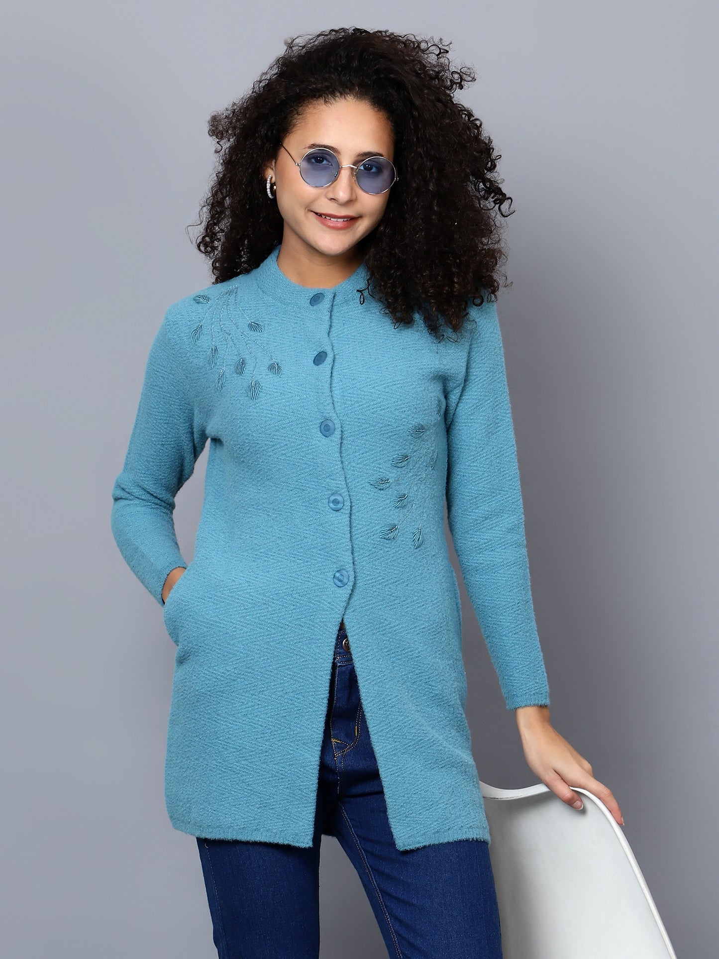 Womens Blue Embroidered Cardigan