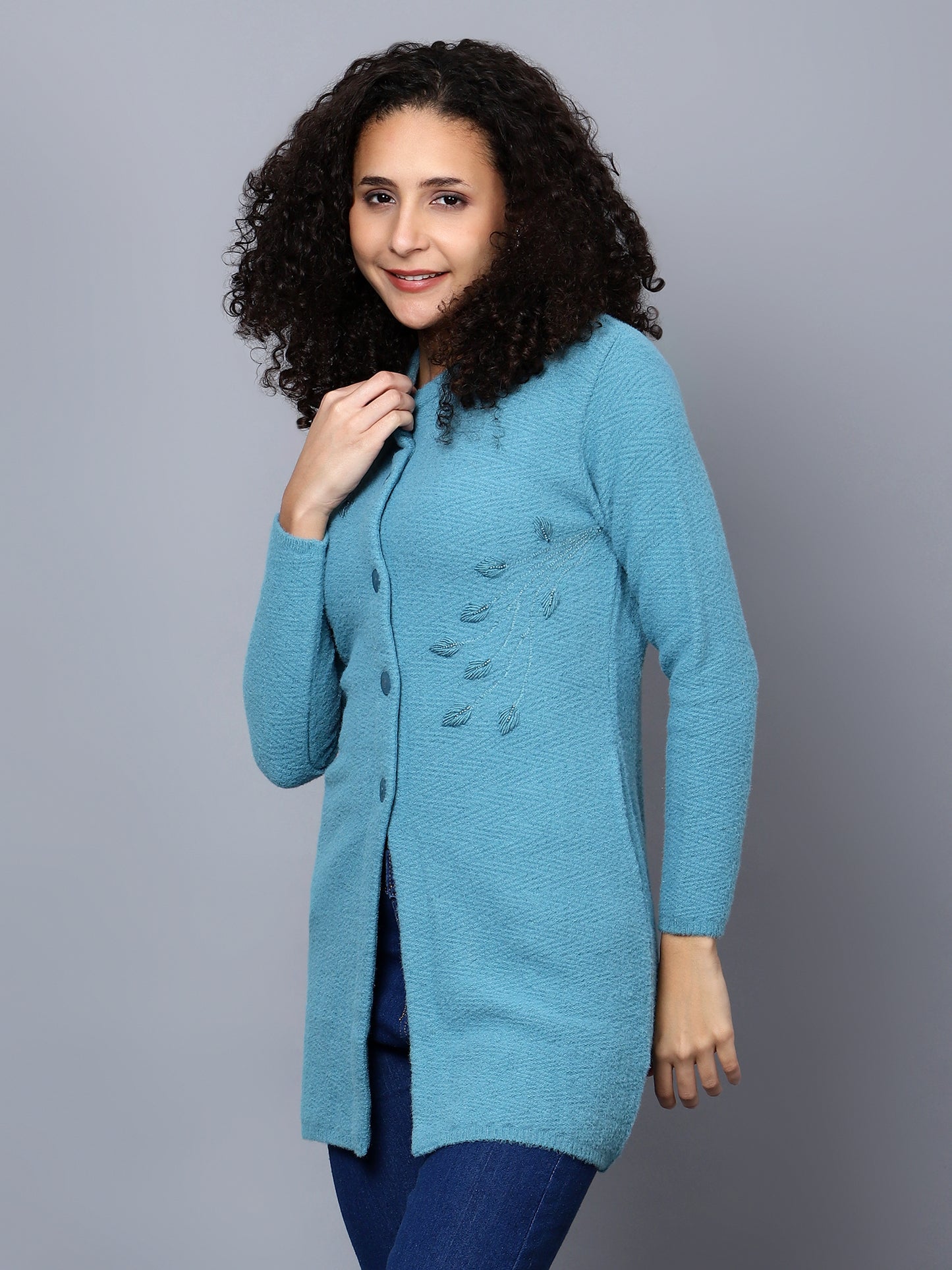 Womens Blue Embroidered Cardigan