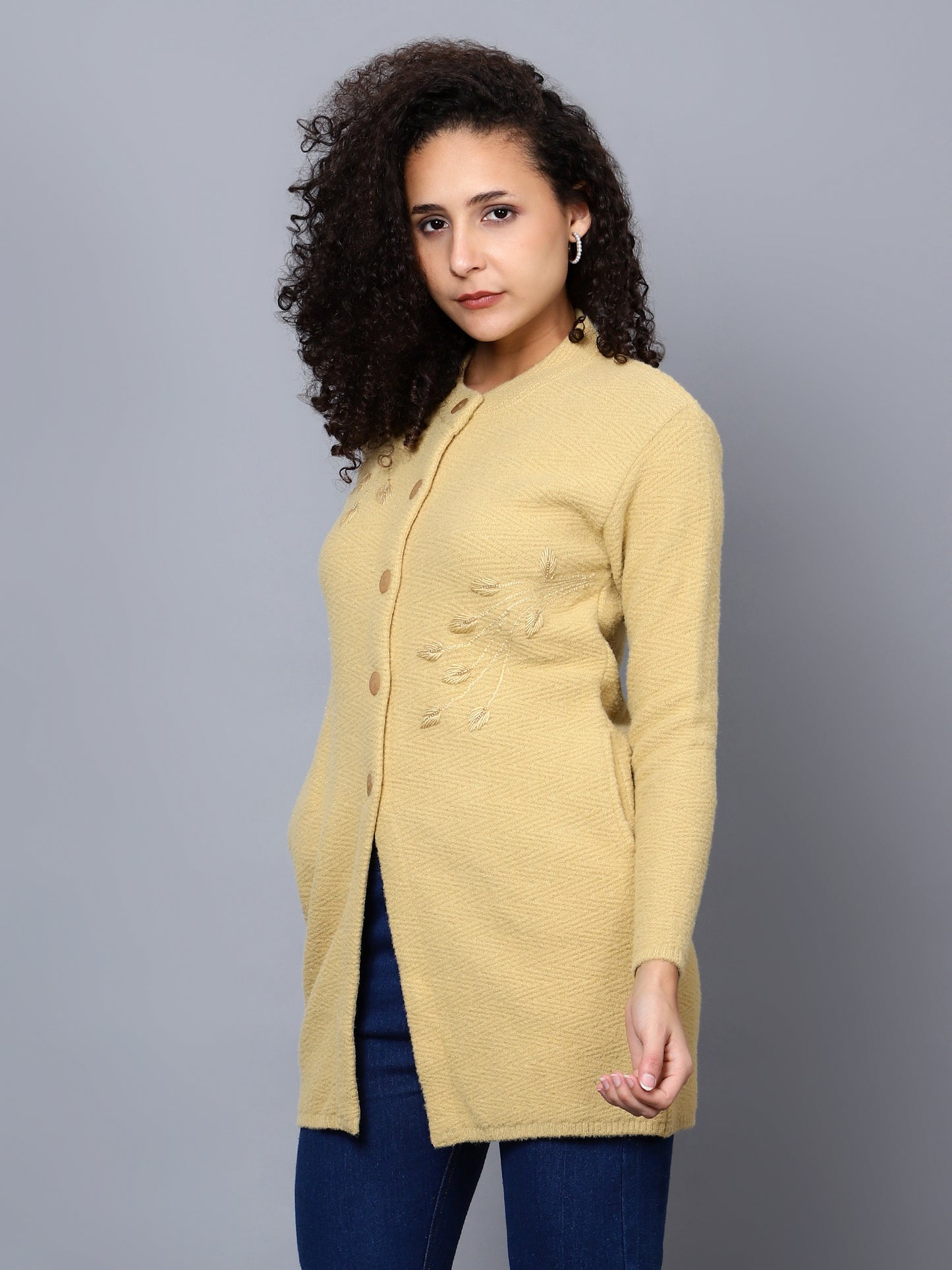 Yellow Embroidered Wolleen Cardigan