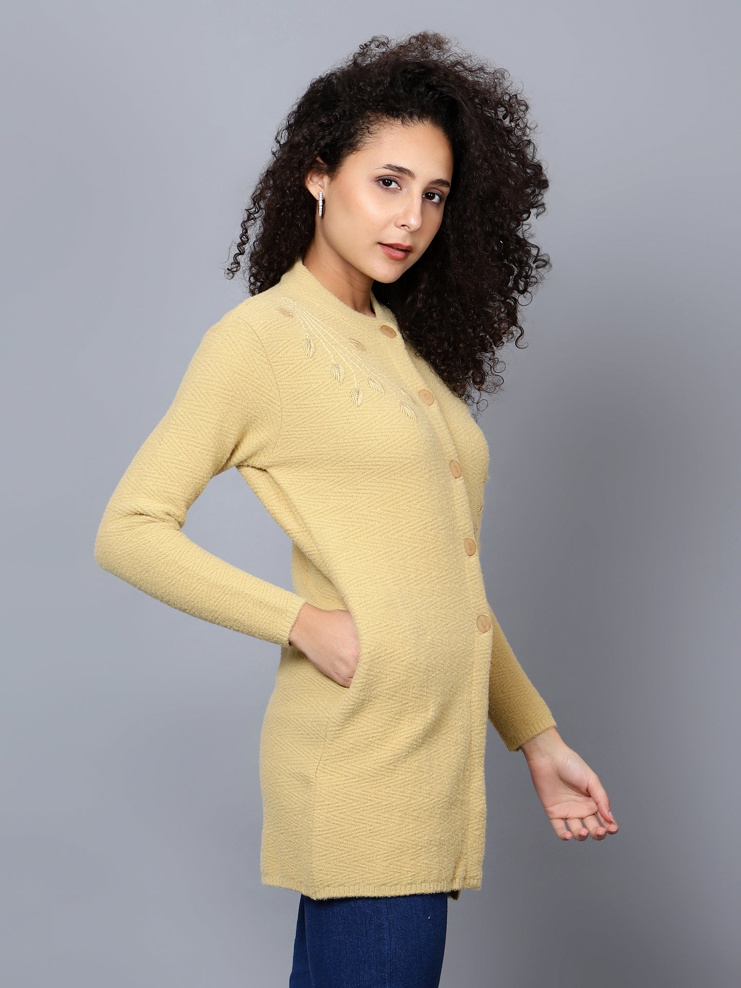 Yellow Embroidered Wolleen Cardigan