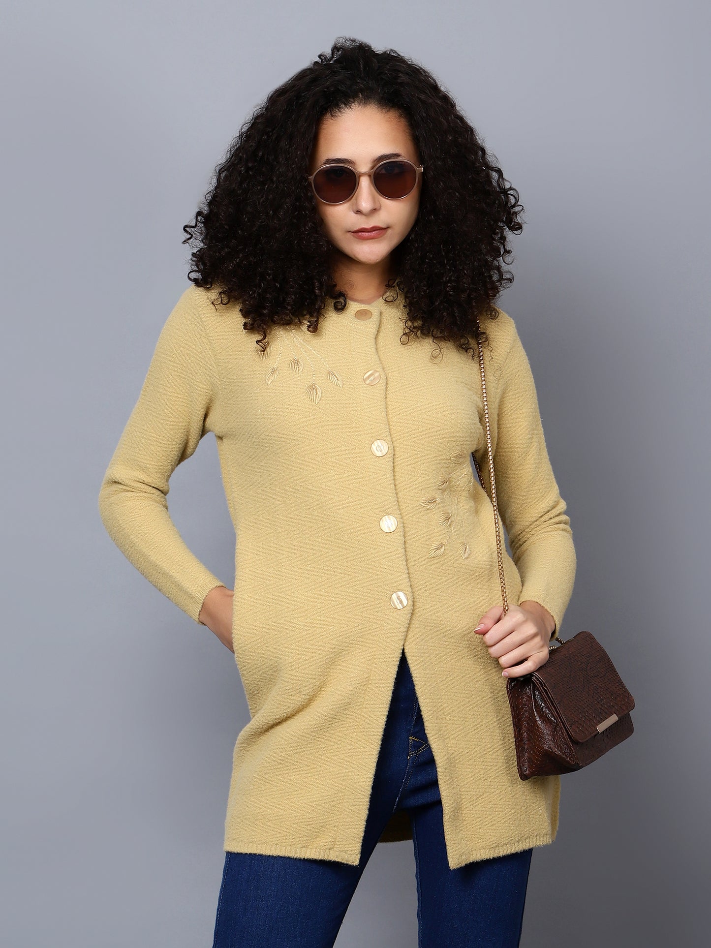 Yellow Embroidered Wolleen Cardigan