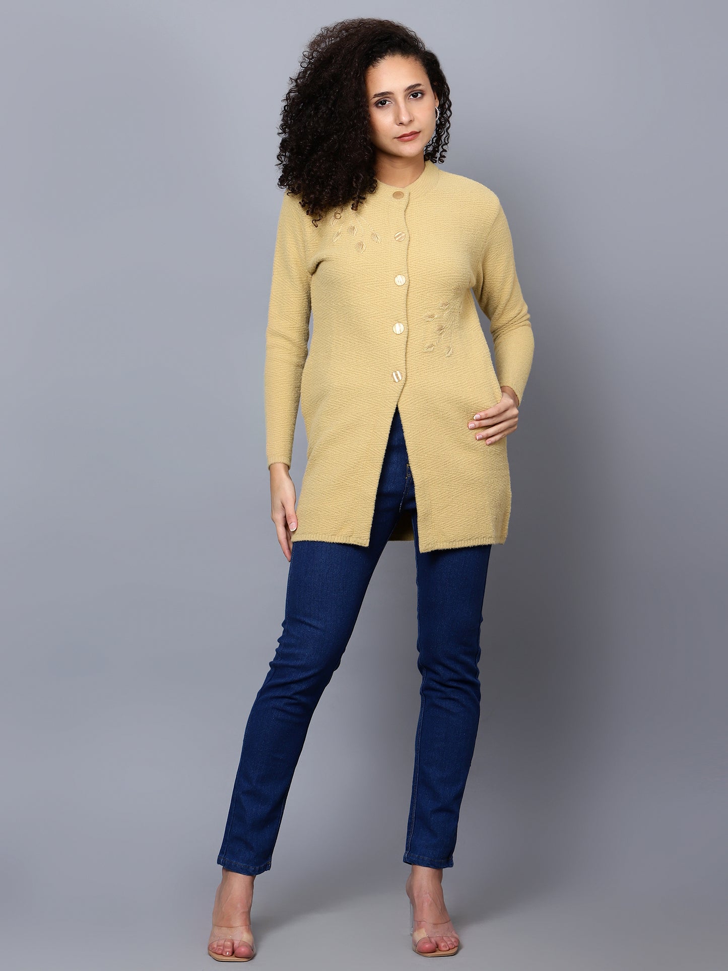 Yellow Embroidered Wolleen Cardigan