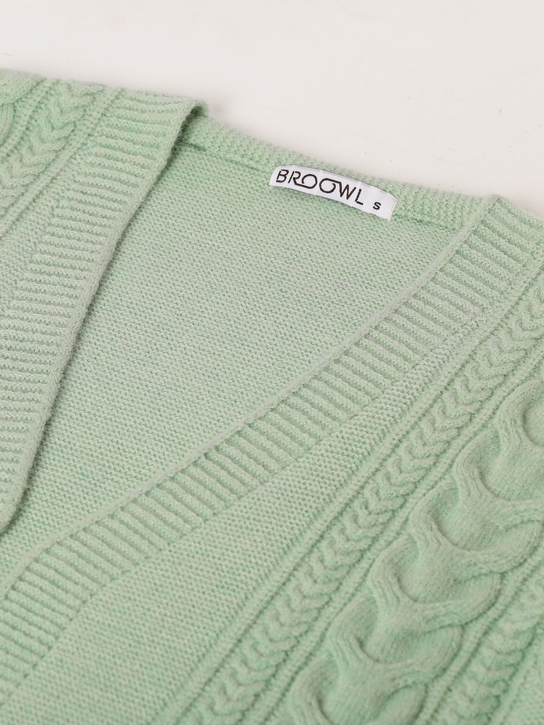 Broowl Women Sea Green Self Design Woollen Longline Shrug