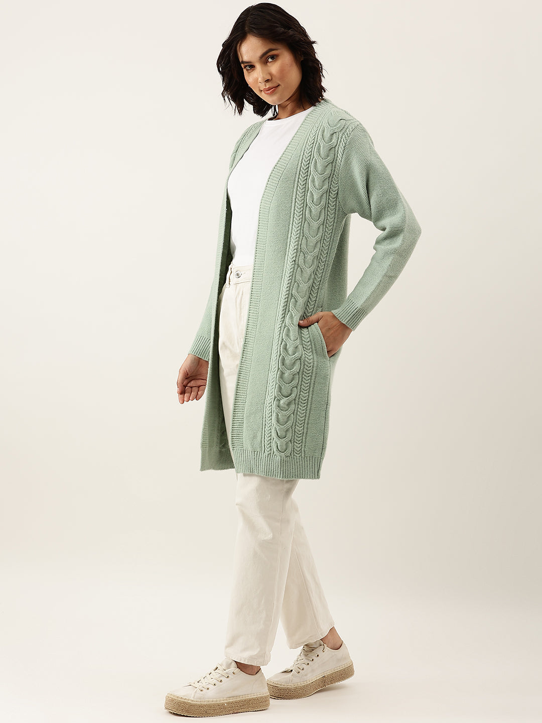 Broowl Women Sea Green Self Design Woollen Longline Shrug