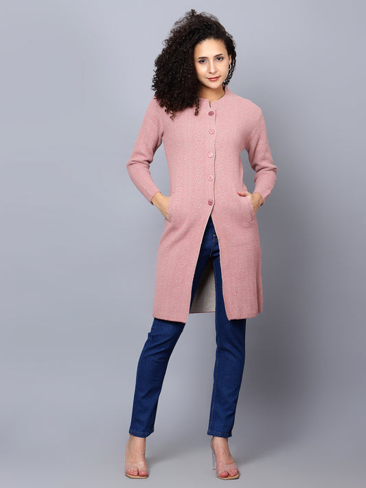 Pink Self Pattern Longline Cardigan