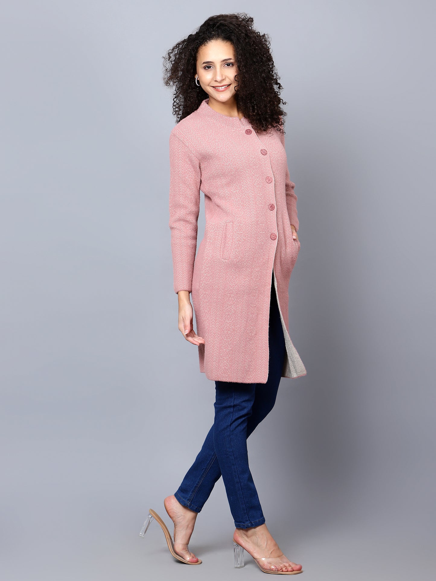 Pink Self Pattern Longline Cardigan