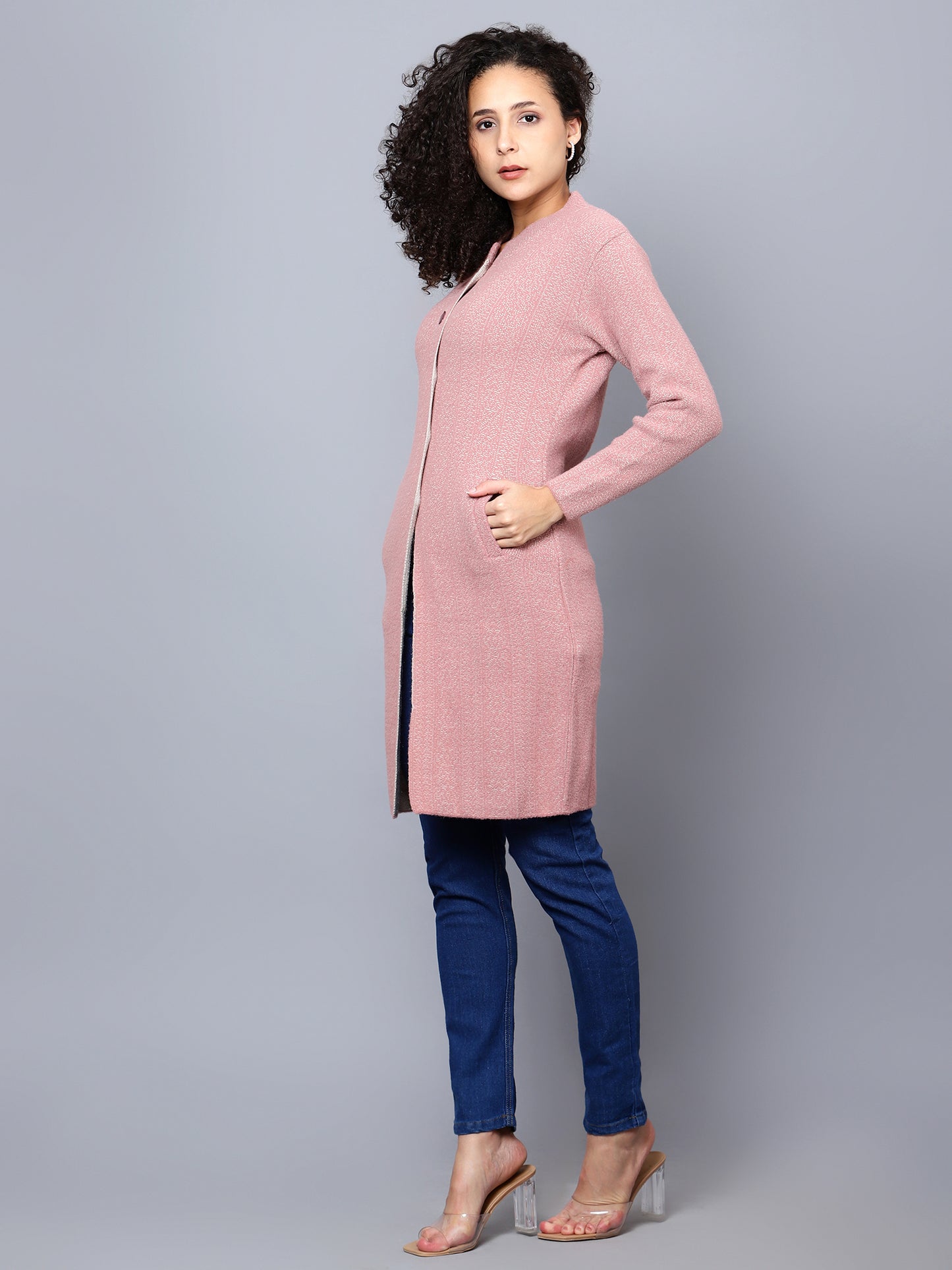 Pink Self Pattern Longline Cardigan