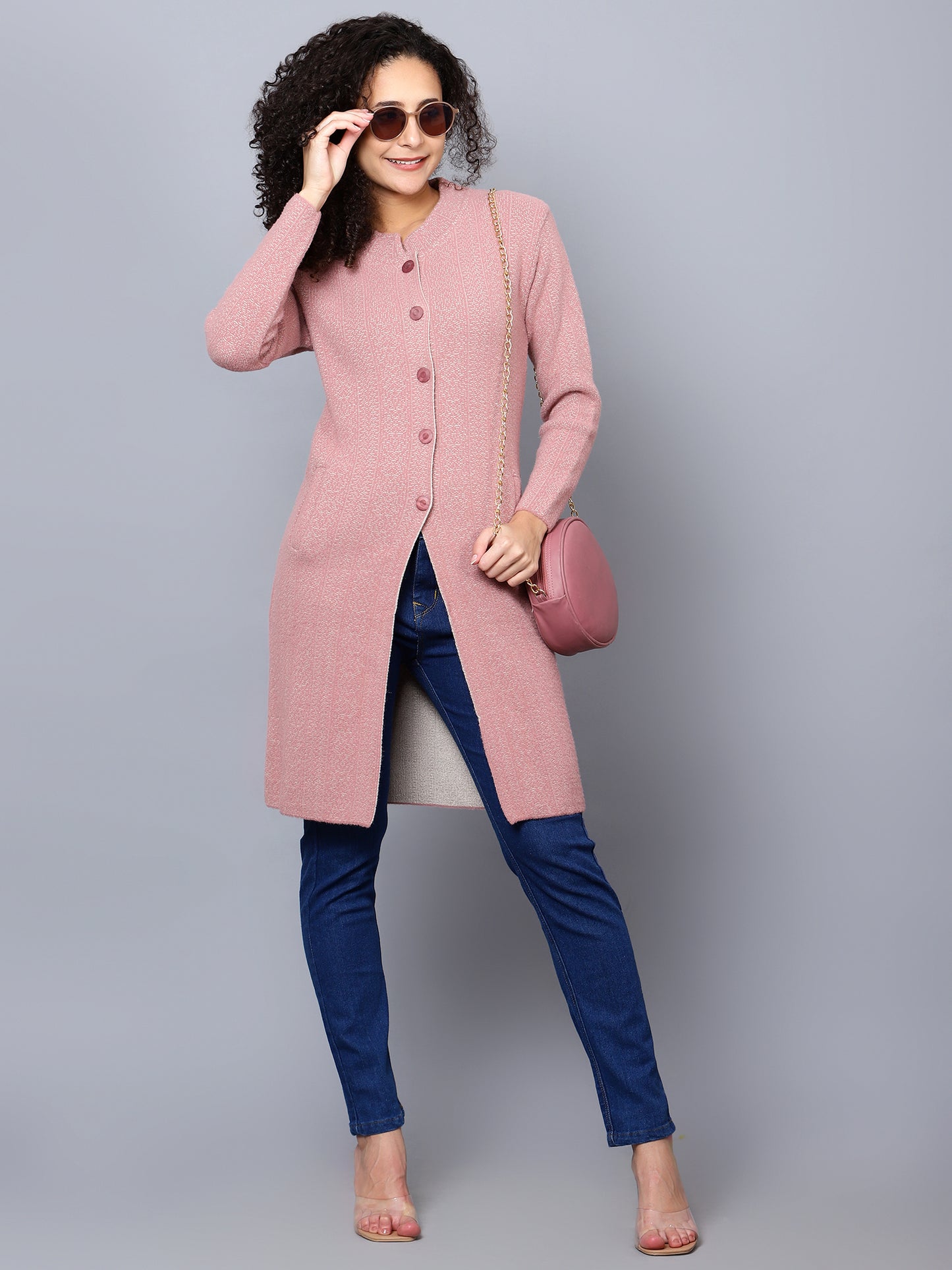 Pink Self Pattern Longline Cardigan