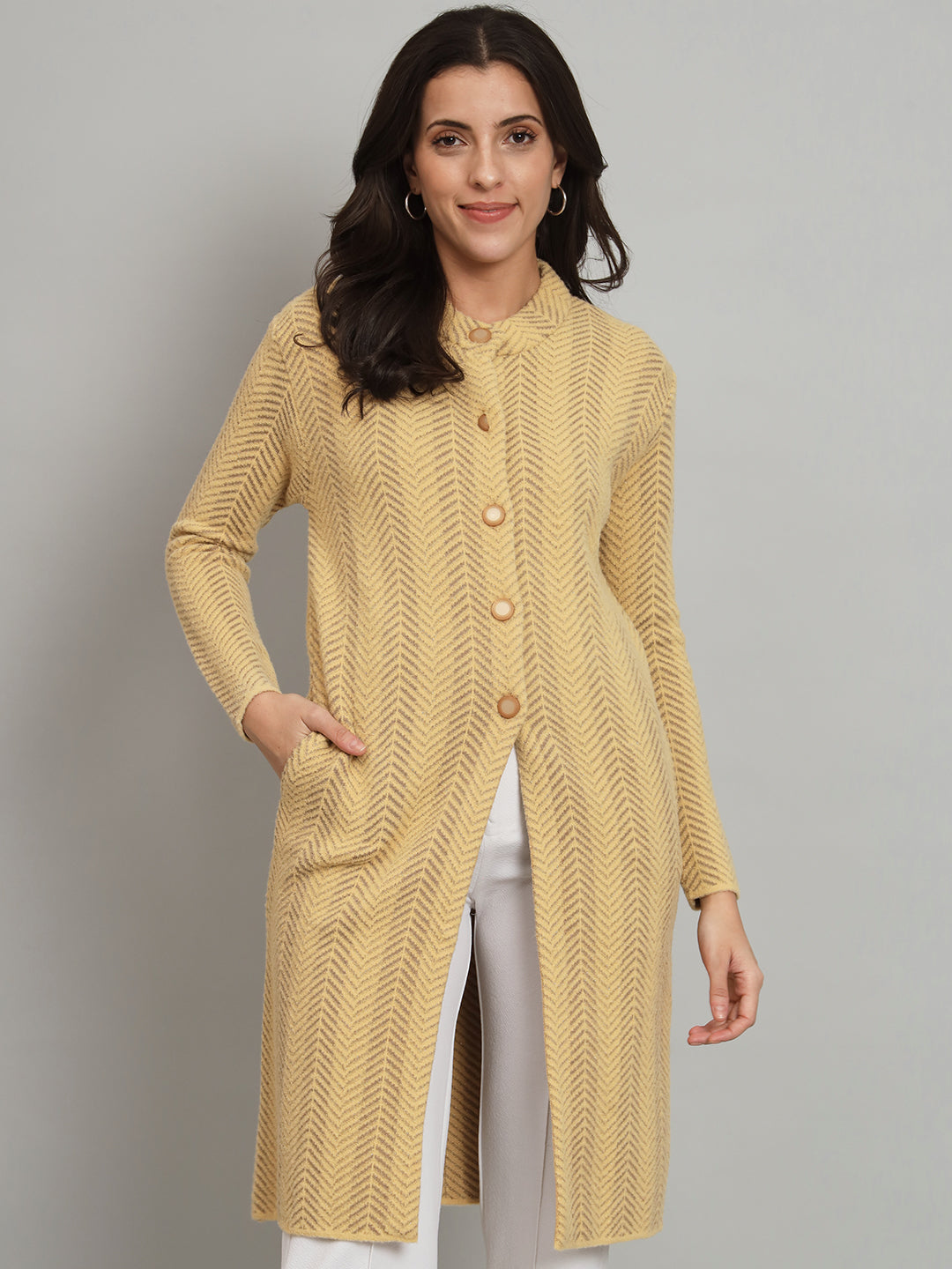 Broowl Womens Woollen Beige Cardigan