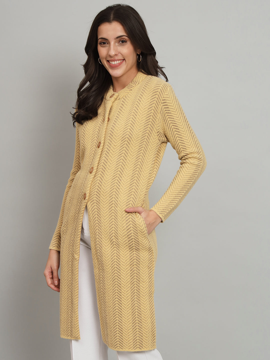 Broowl Womens Woollen Beige Cardigan