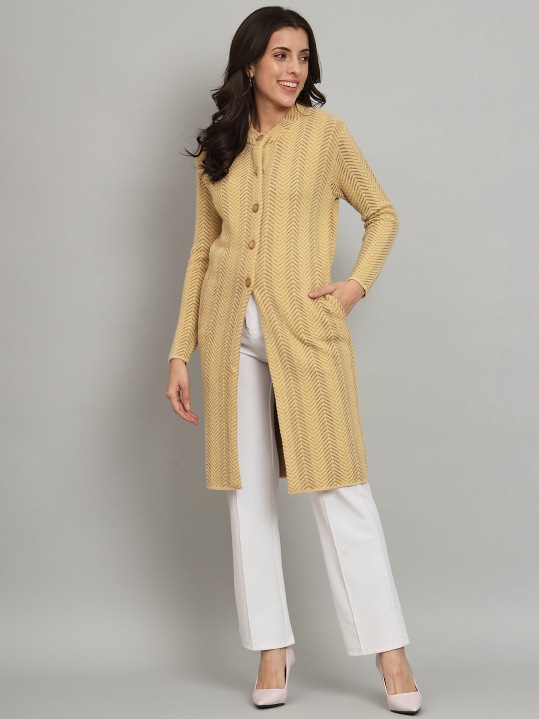 Broowl Womens Woollen Beige Cardigan