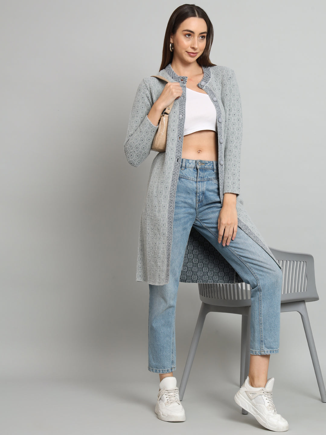 Broowl Woollen Longline Grey Cardigan