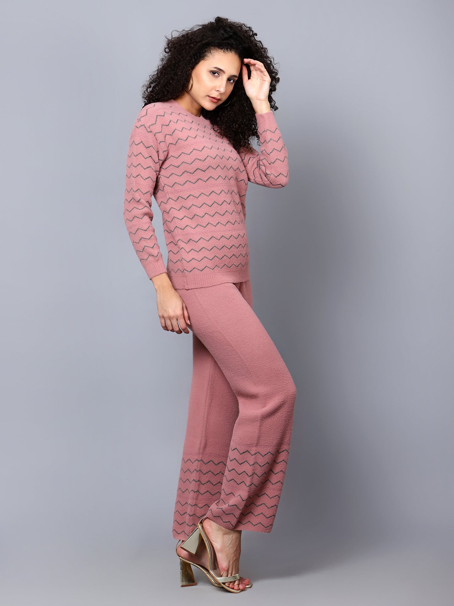 Pink Geometric Woollen Coord Set