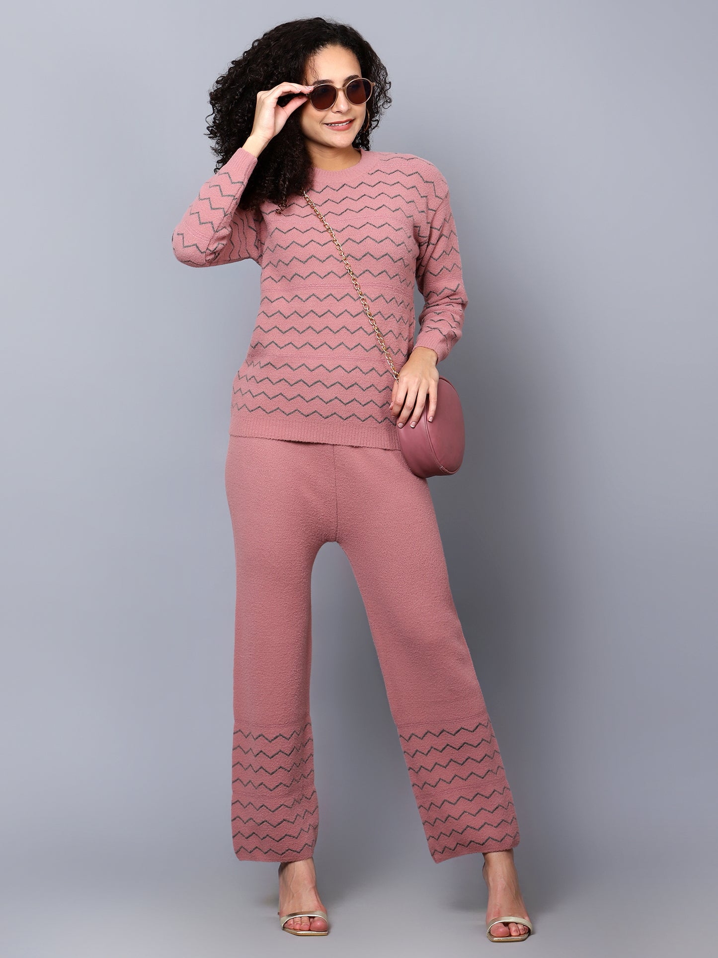 Pink Geometric Woollen Coord Set