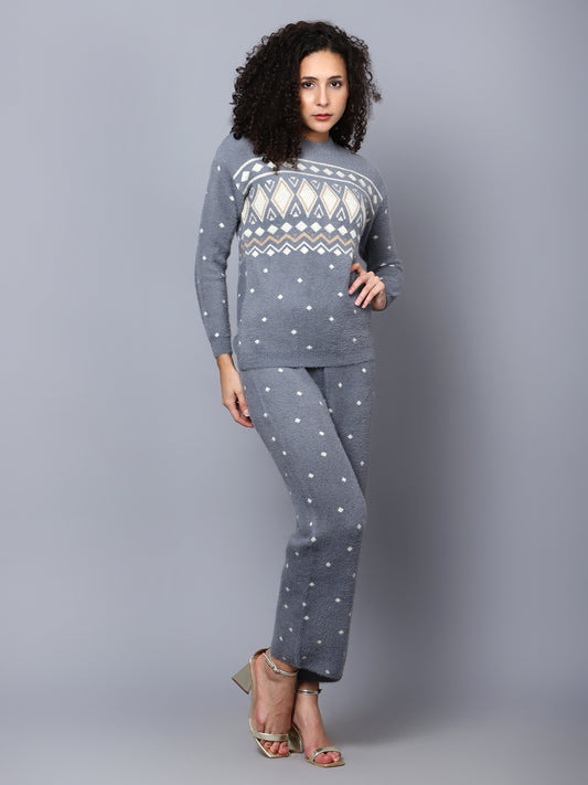 Grey Printed Woollen Coord Set