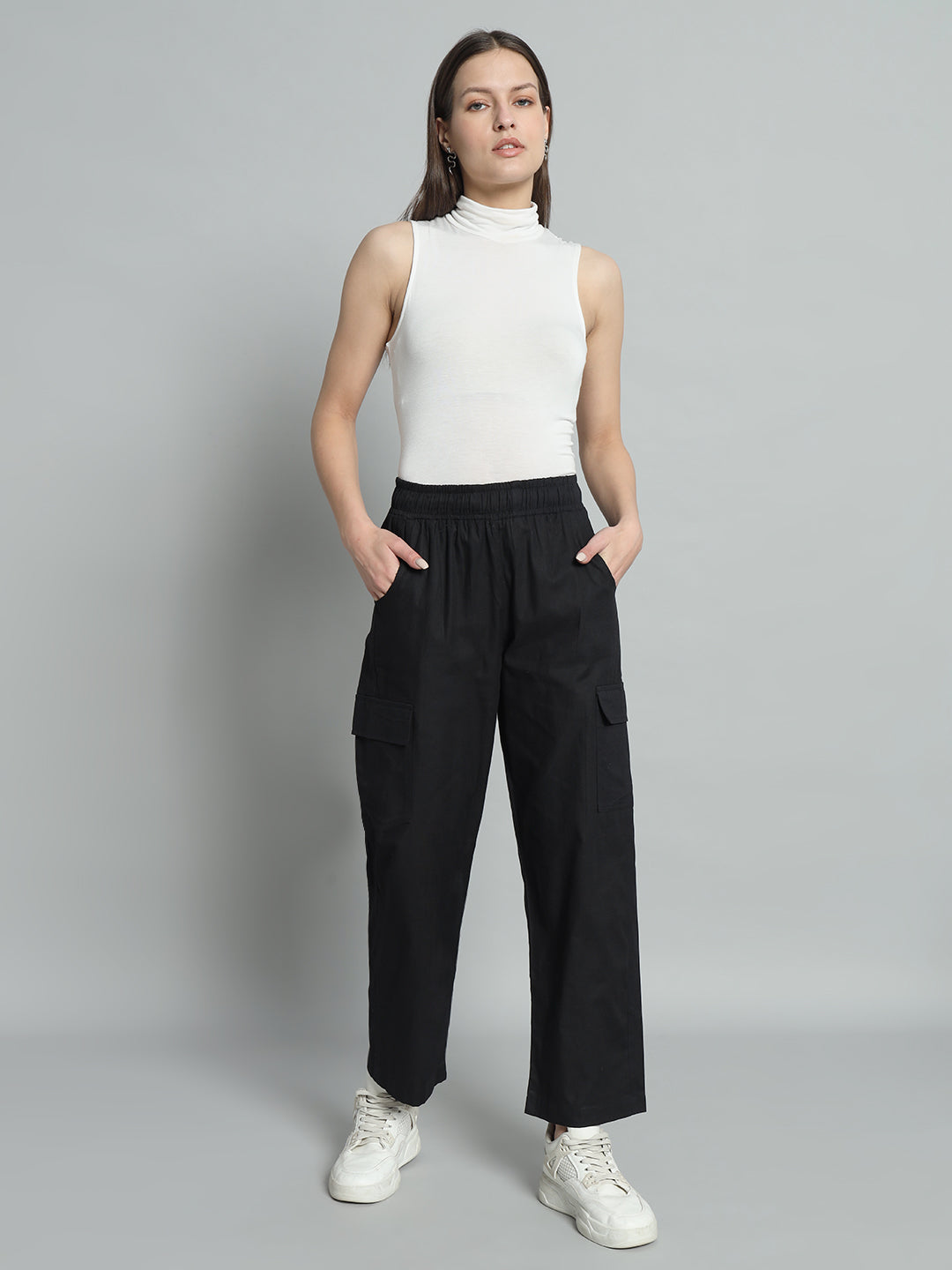 BROOWL Women Relaxed Pure Cotton Straight Fit High-Rise Trousers