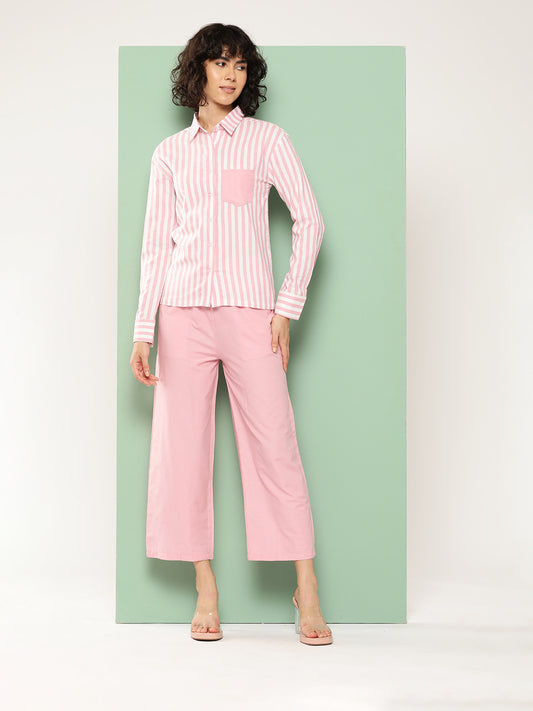 BROOWL Women Striped Pure Cotton Shirt with Trousers