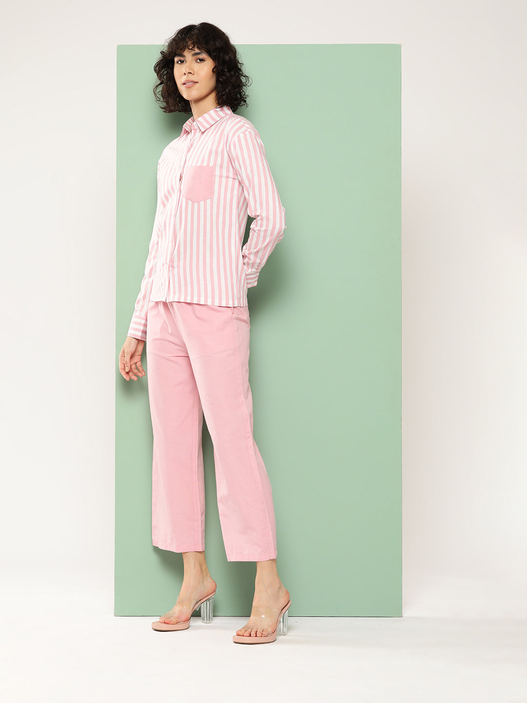 BROOWL Women Striped Pure Cotton Shirt with Trousers