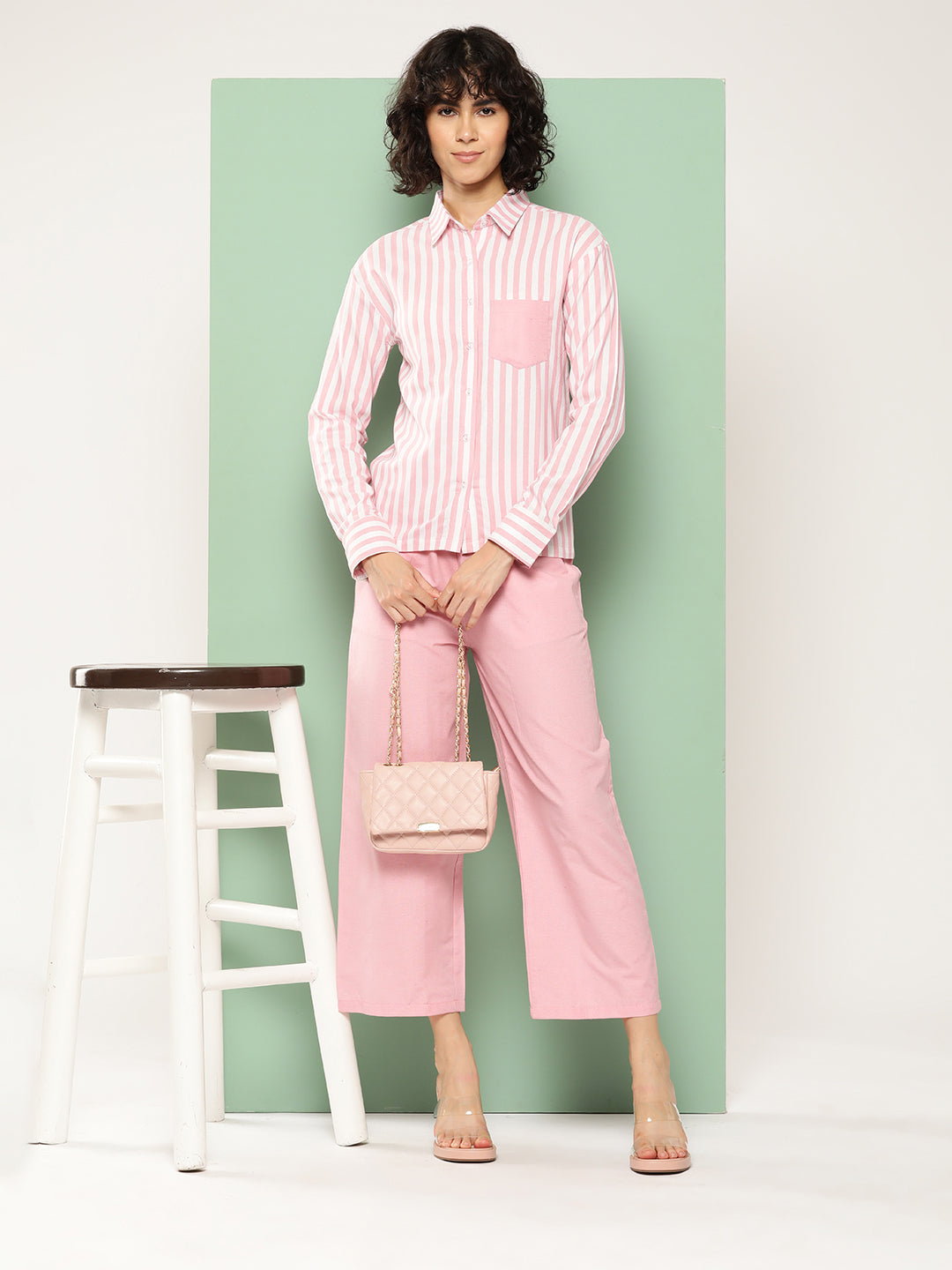 BROOWL Women Striped Pure Cotton Shirt with Trousers