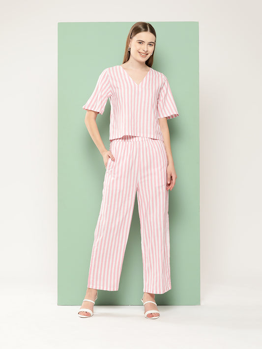 BROOWL Women Striped Pure Cotton Co-Ords Set