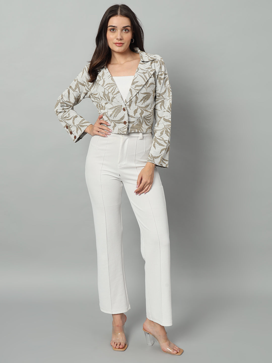 BROOWL Women's Printed Tailored-Fit Crop Blazer