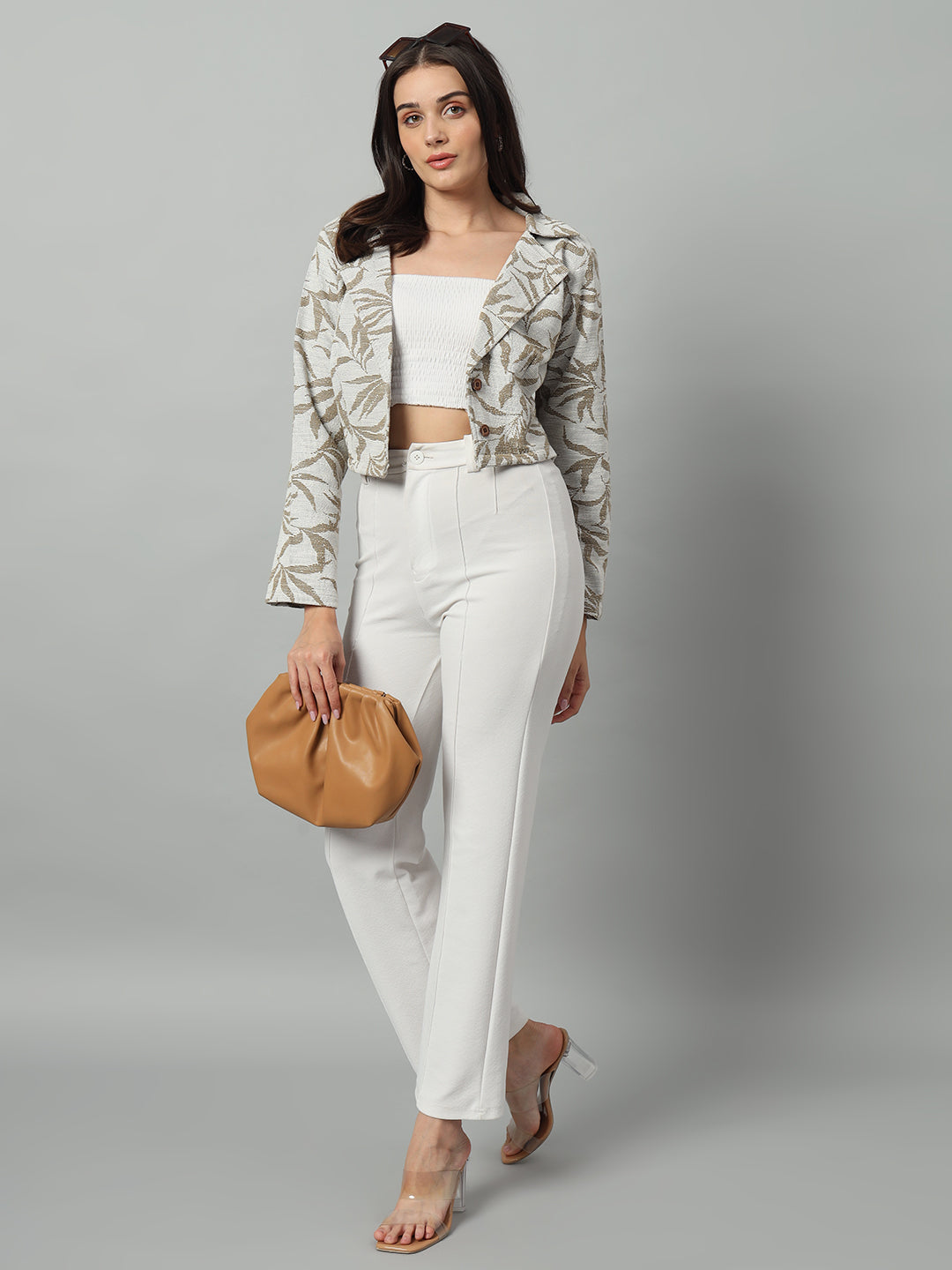 BROOWL Women's Printed Tailored-Fit Crop Blazer