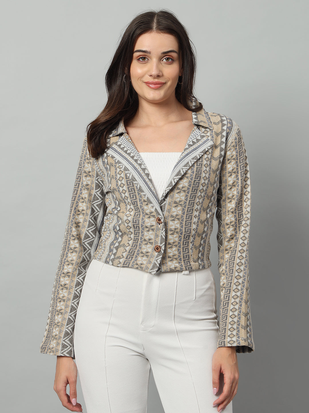 BROOWL Women's Printed Tailored-Fit Crop Casual Blazer