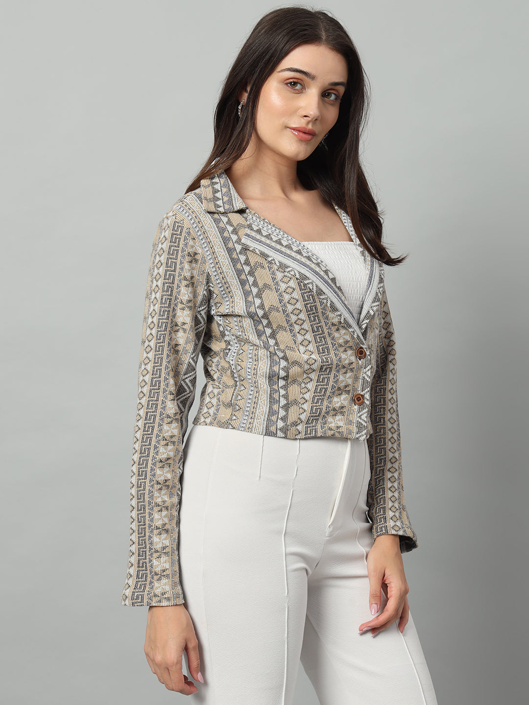 BROOWL Women's Printed Tailored-Fit Crop Casual Blazer