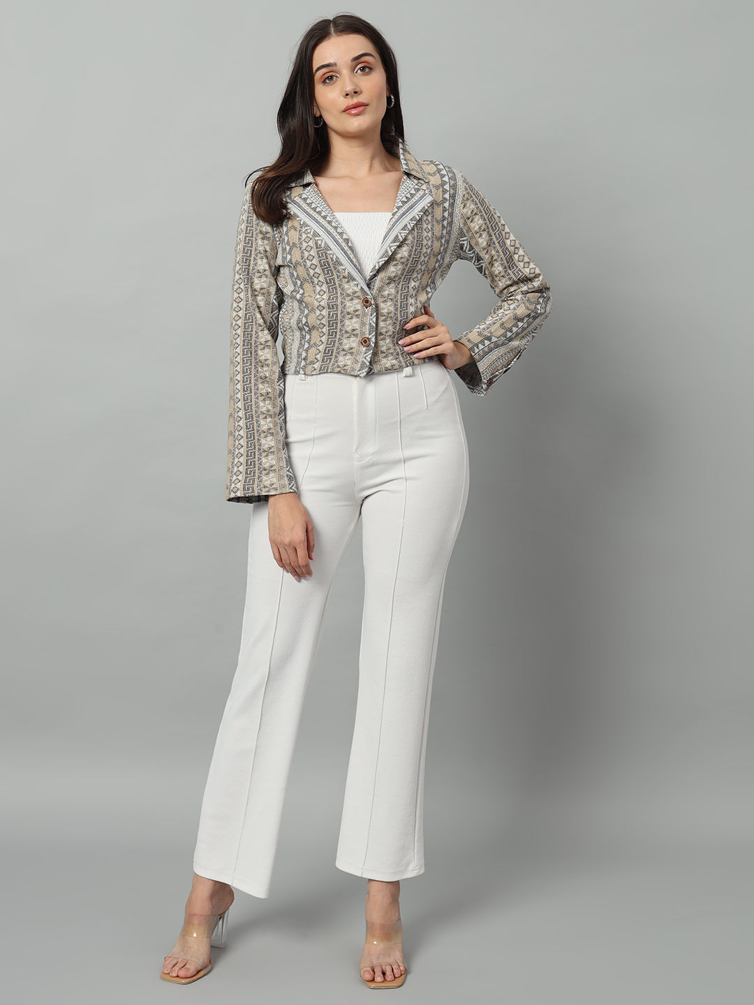 BROOWL Women's Printed Tailored-Fit Crop Casual Blazer