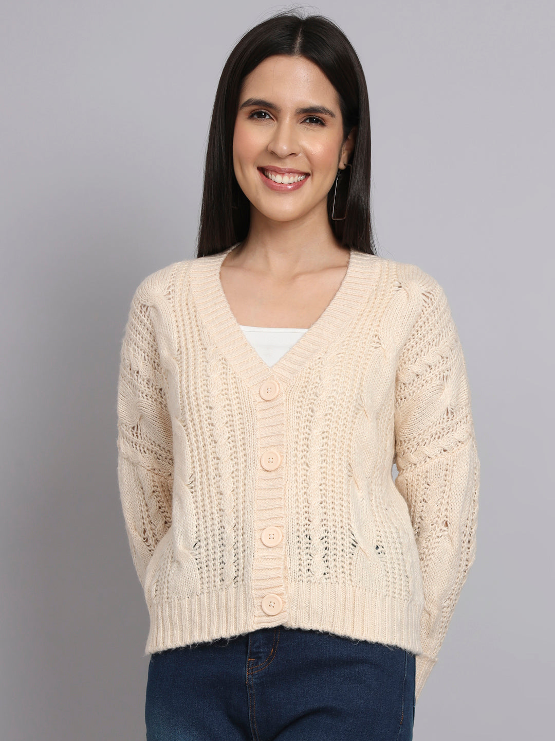 Cream Cable Knit V-Neck Cardigan