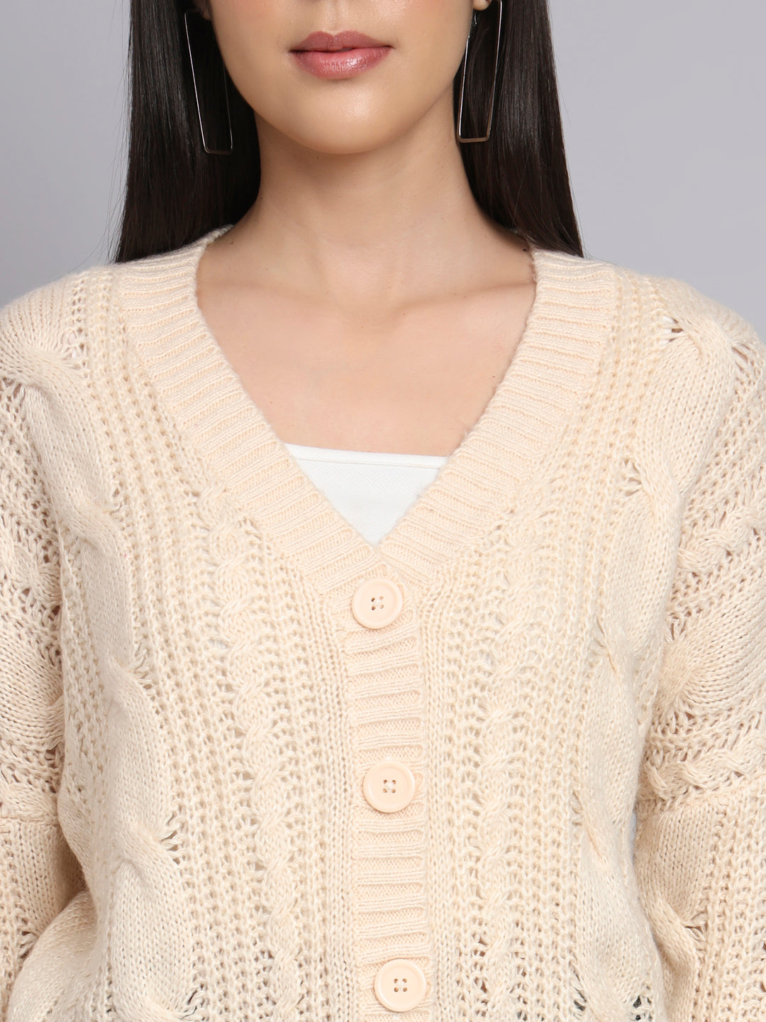 Cream Cable Knit V-Neck Cardigan