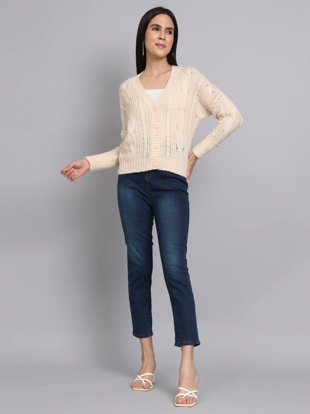 Cream Cable Knit V-Neck Cardigan