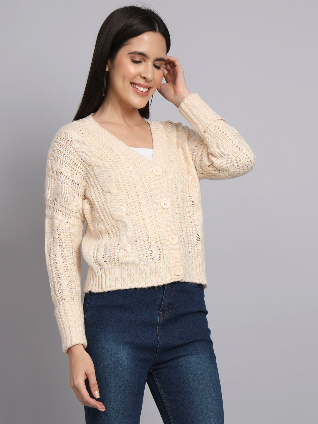 Cream Cable Knit V-Neck Cardigan