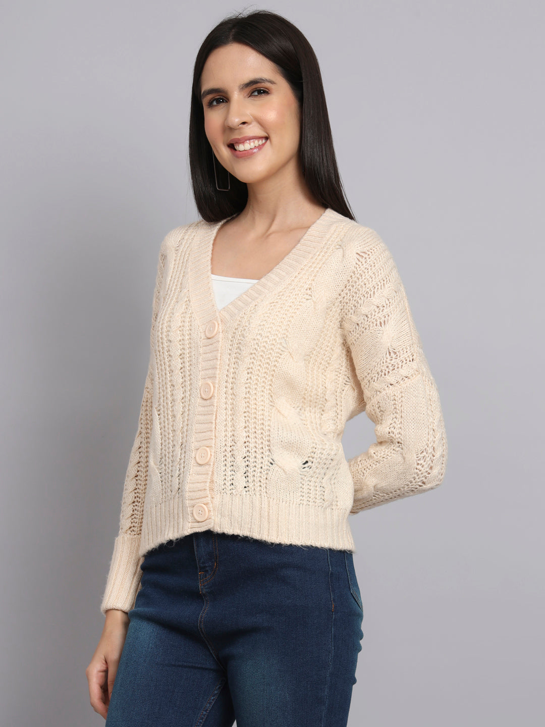 Cream Cable Knit V-Neck Cardigan