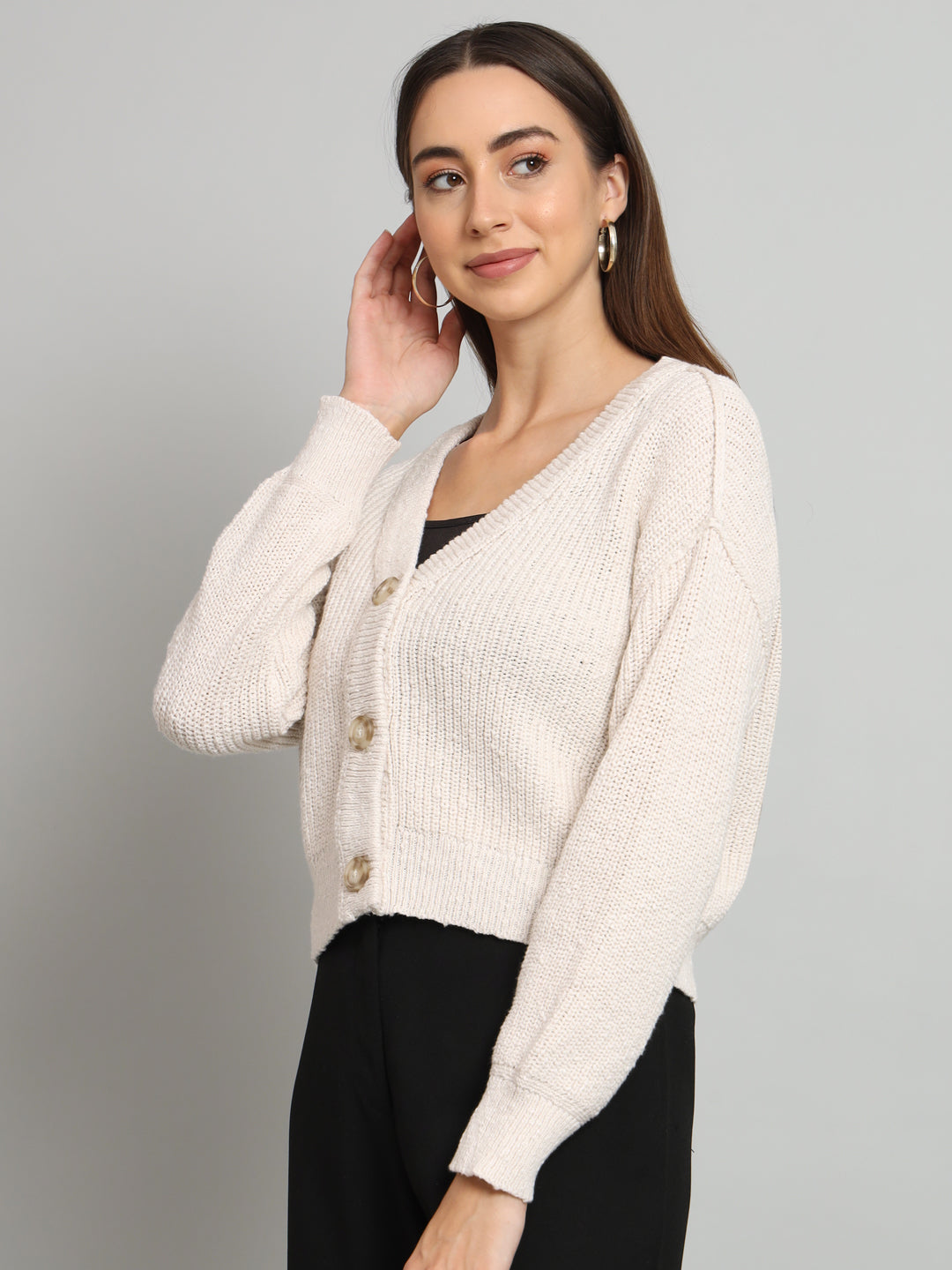 Womens Cream V Neck Sweater